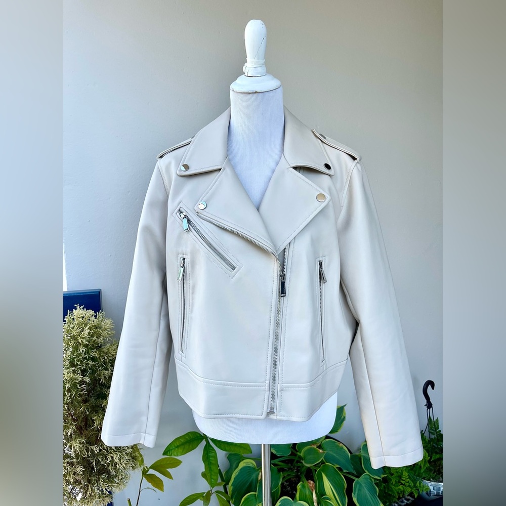 BCBGeneration Faux Leather Moto Jacket in White, US L